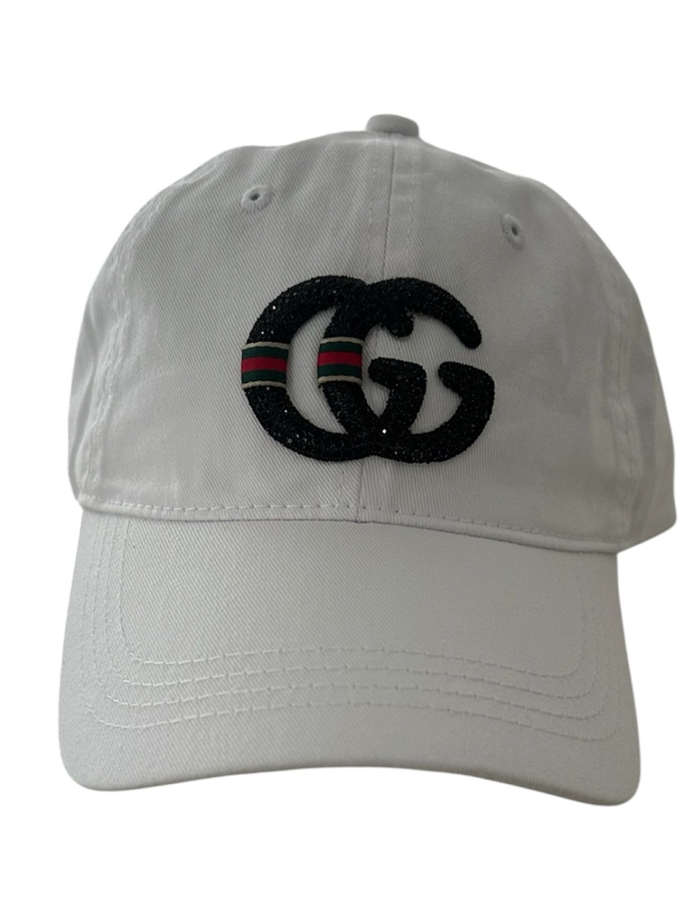 Designer-Inspired White Baseball Cap with Black rhinestone Interlocking Logo